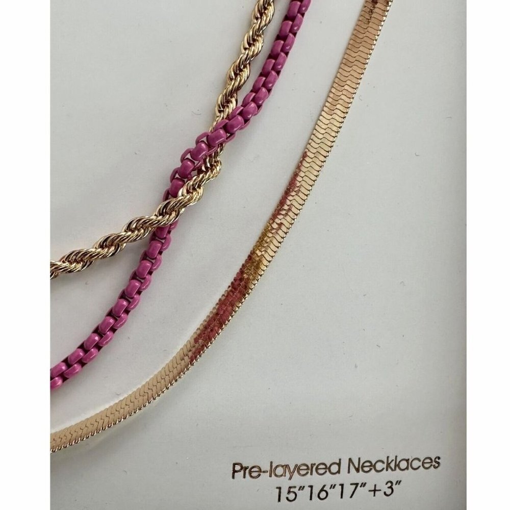 Nicole Miller Layered Necklace Triple Gold Tone Pink Snake Rope 3" Ext NEW - Picture 3 of 12